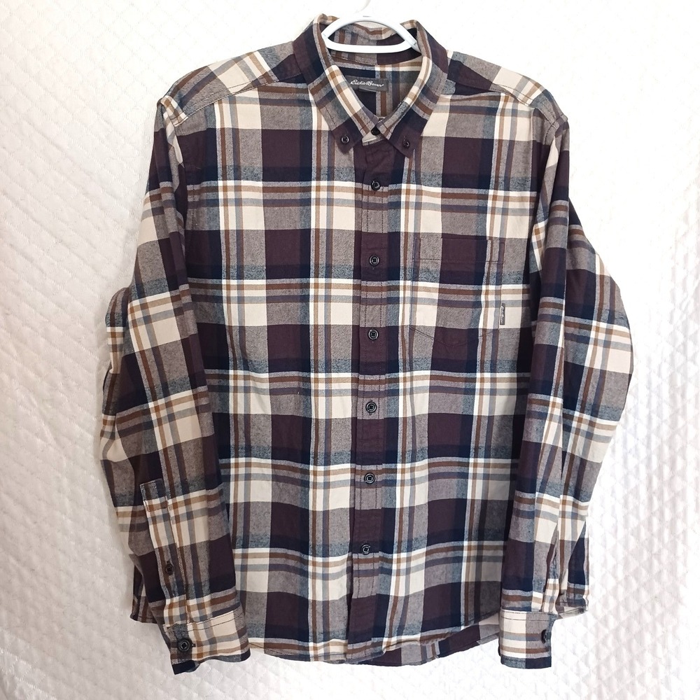 Eddie Bauer Mens Large Brown Blue Plaid Flannel LS Button Down Shirt Cabincore